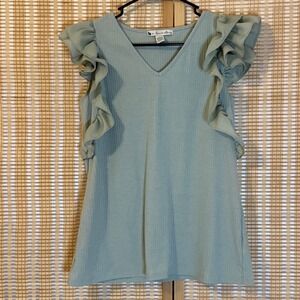 A...Love Story Sage Green Ribbed Ruffle Sleeve V-Neck Top Large Bohemian